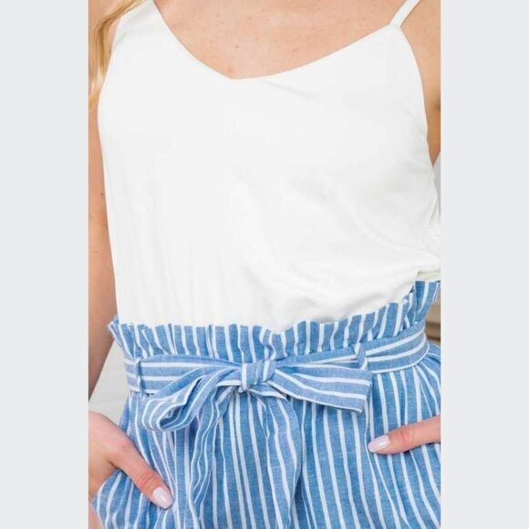 Blue White Contrast Stripe Ruffle Waist Jumpsuit - Picture 4 of 4